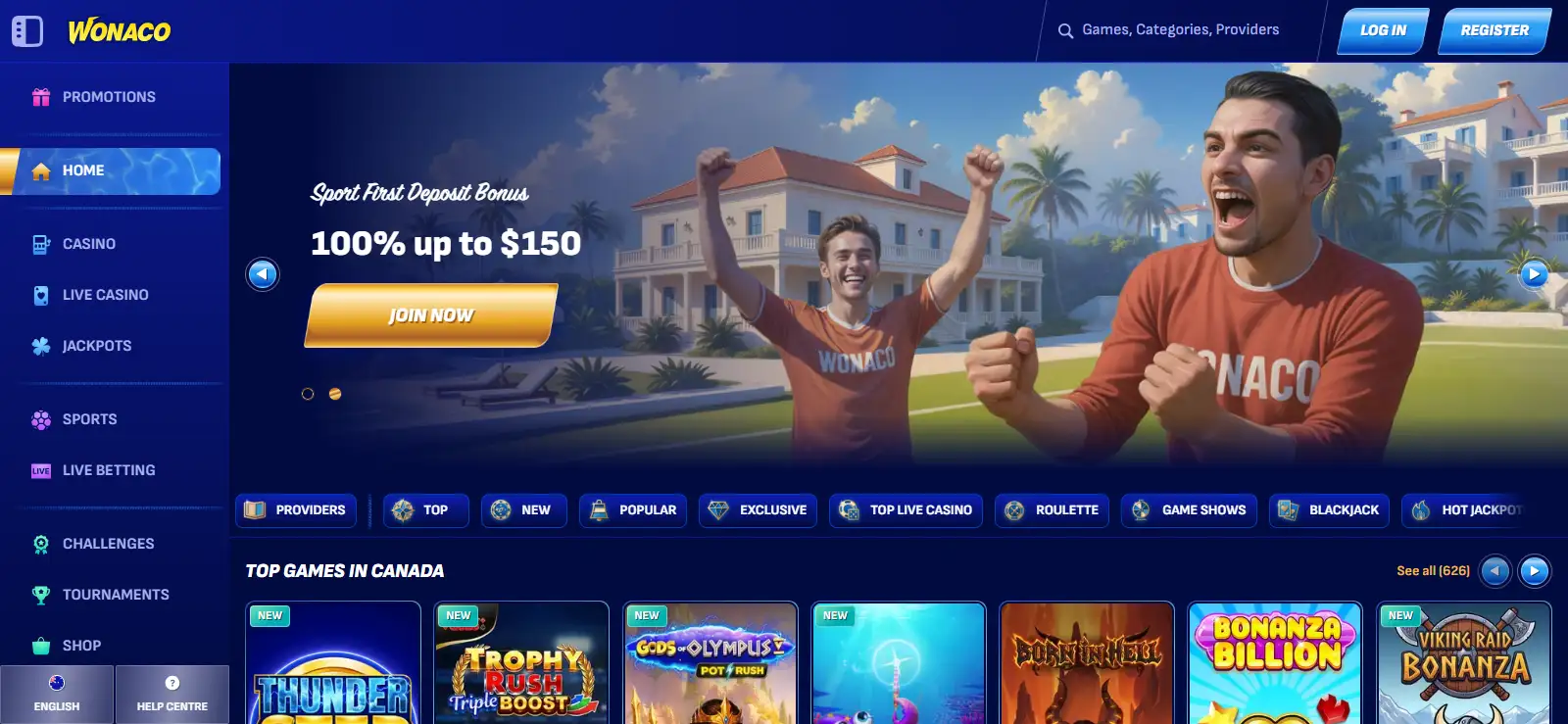 Wonaco's AU homepage or lobby showing the Australian path and product navigation