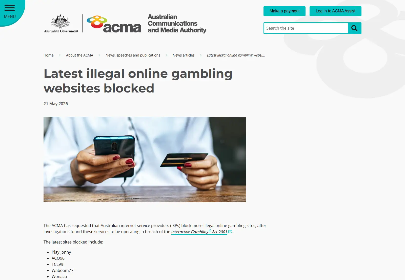 ACMA 21 May 2026 notice listing Wonaco among blocked gambling websites
